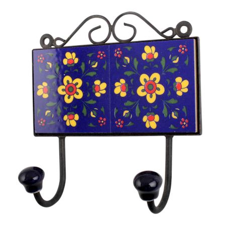 Navy Blue Yellow Floral Tiles Hooks